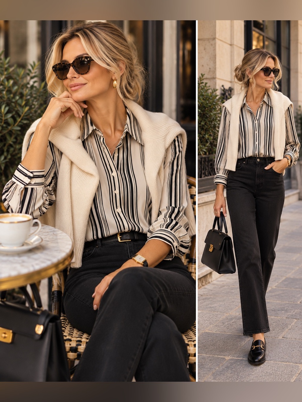 Women's Striped Button-Up Blouse — Beige & Black